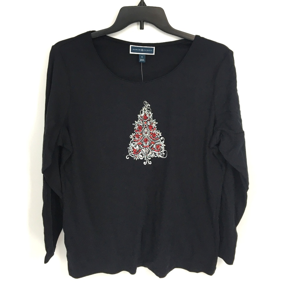 Karen Scott Embellished Christmas Tree Black Top - Picture 2 of 8